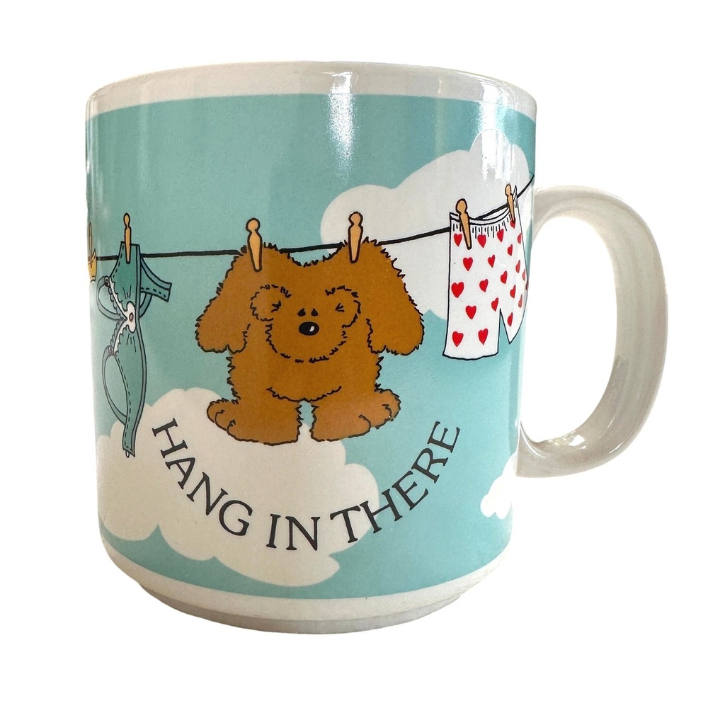 VTG Russ Berrie Hang In There Puppy Dog‎ Laundry Mug Blue Whimsical Gift 80s 90s